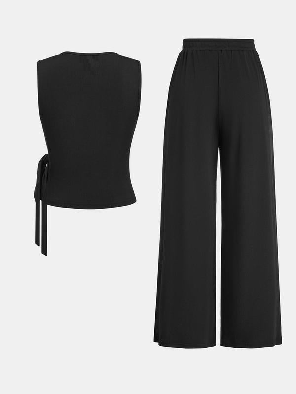 Women's Solid Knot Front Tank Top & Wide Leg Pants Set