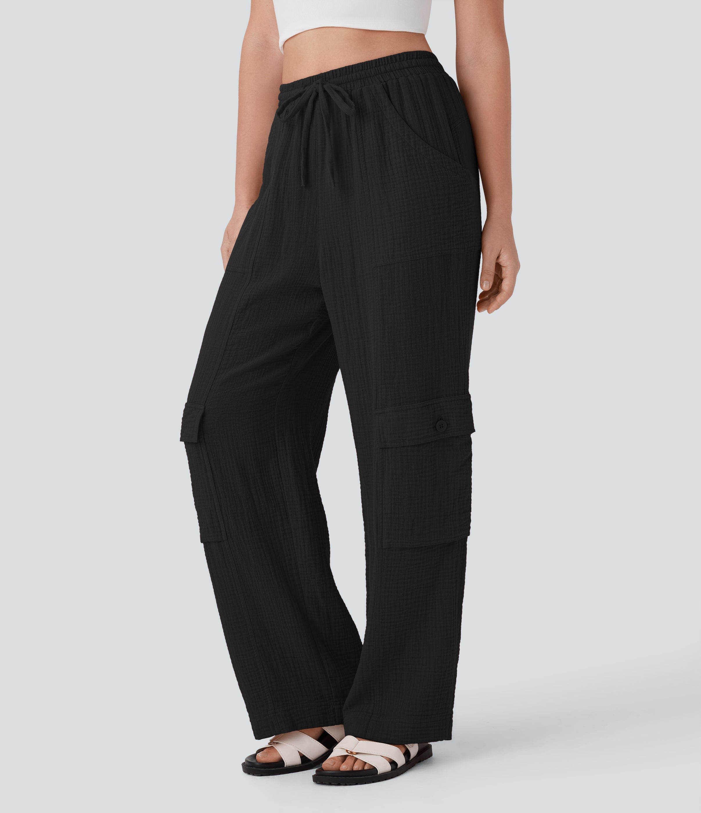 High Waisted Drawstring Wide Leg Cargo Casual Cotton Pants with Pockets