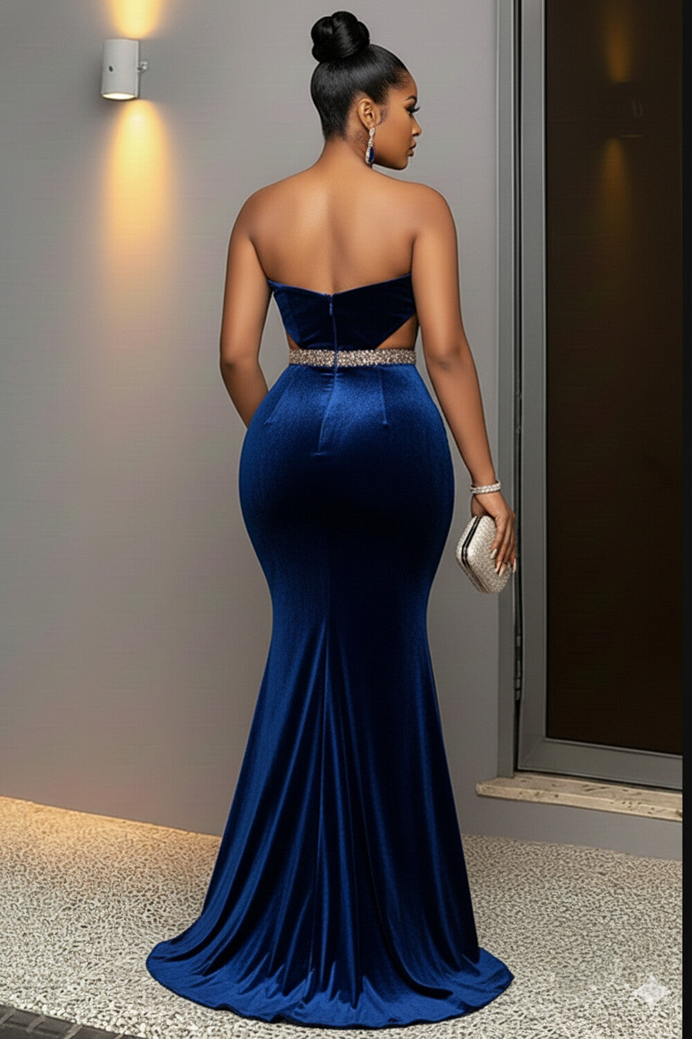 Rhinestone Embellished Waist Cut Out Gown Maxi Dresses-Blue