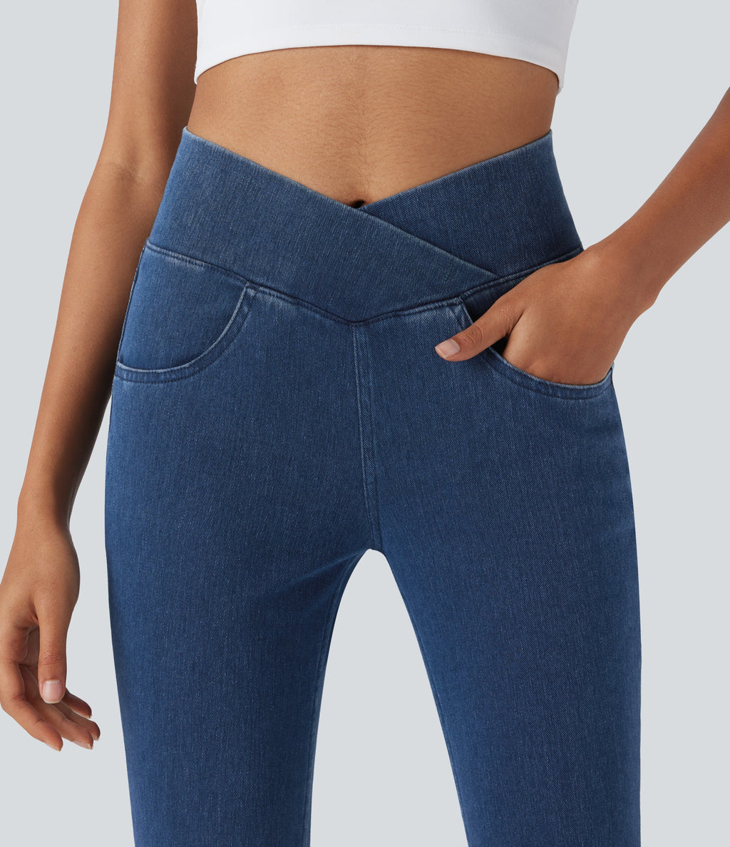 FlexTM Crossover High Waisted Denim Casual Capri Leggings with Pockets
