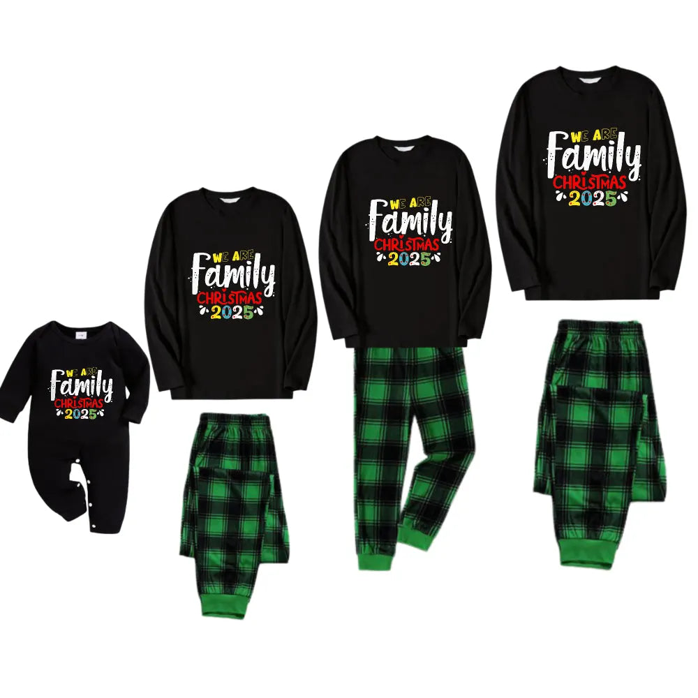 Christmas Family Matching Pajamas-Black Top and Green Plaid Pants Pjs Set with "We Are Family Christmas 2025" Artistic Font Print