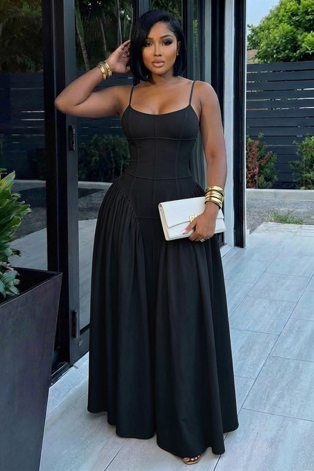 Spaghetti Strap Cinch Waist Solid Color Casual Maxi Dresses-White