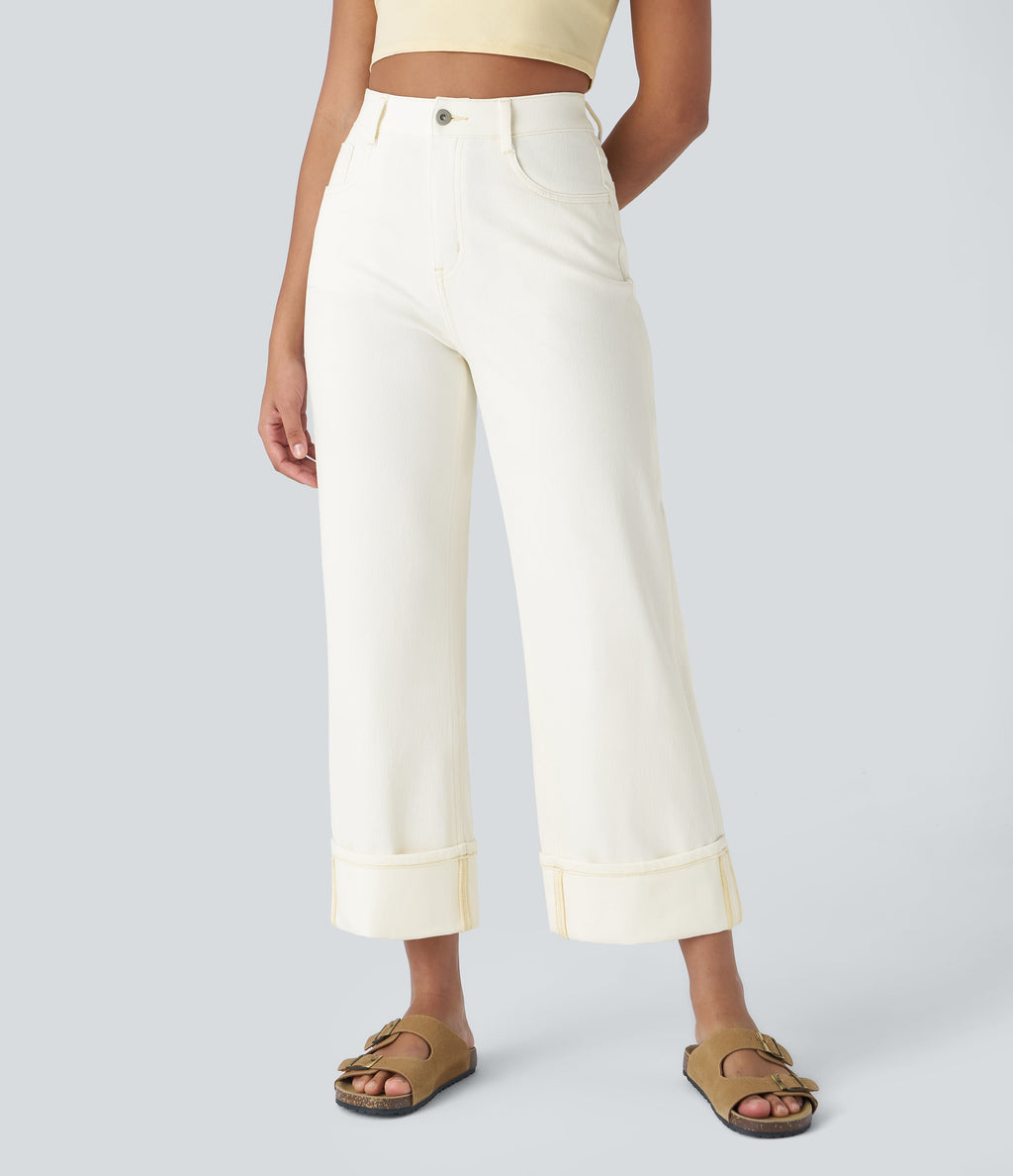 FlexTM High Waisted Multiple Pockets Rolled Hem Wide Leg Washed Stretchy Knit Casual Jeans