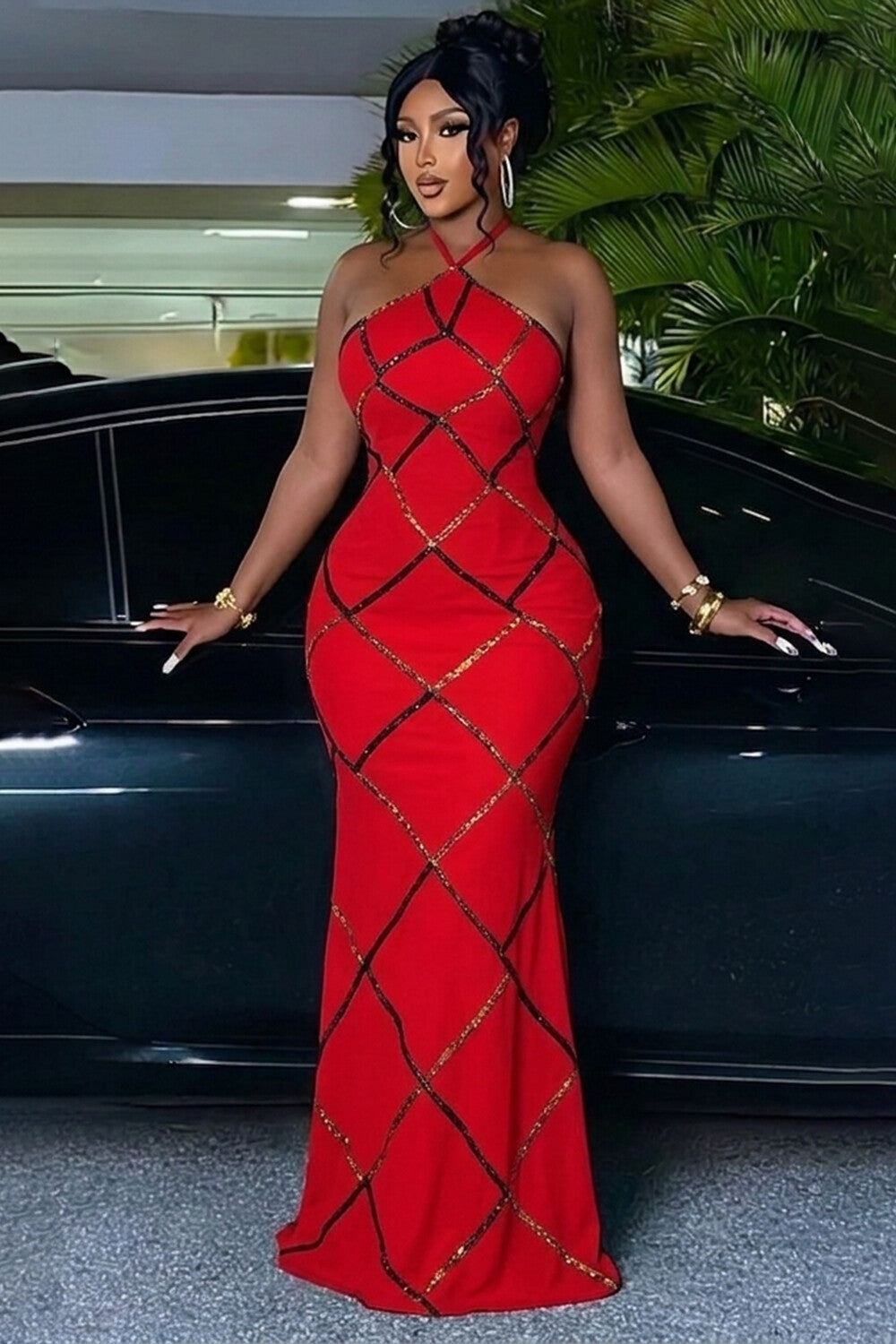 Halter Backless Geometric Print Slim Fit Gowns Maxi Dresses-Red