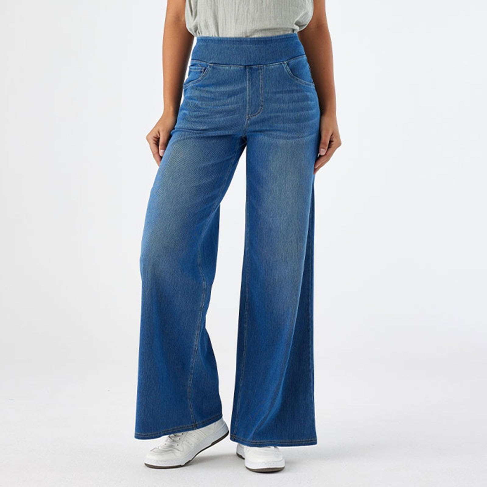 2026🔥 FlexTM High Waisted Multiple Pockets Baggy Wide Leg Washed Stretchy Knit Casual Jeans