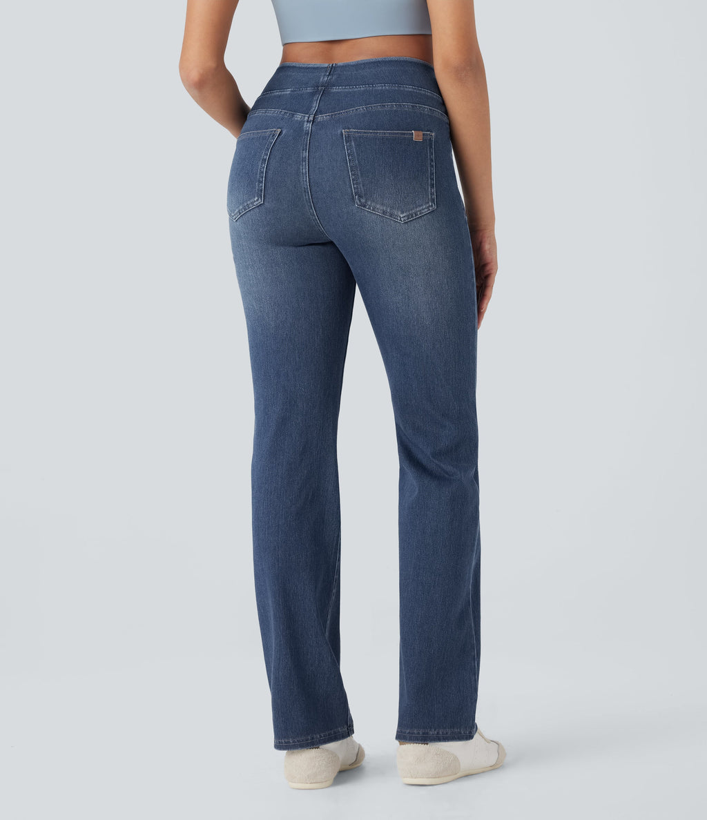 FlexTM High Waisted Tummy Control Washed Casual Bootcut Jeans with Pockets
