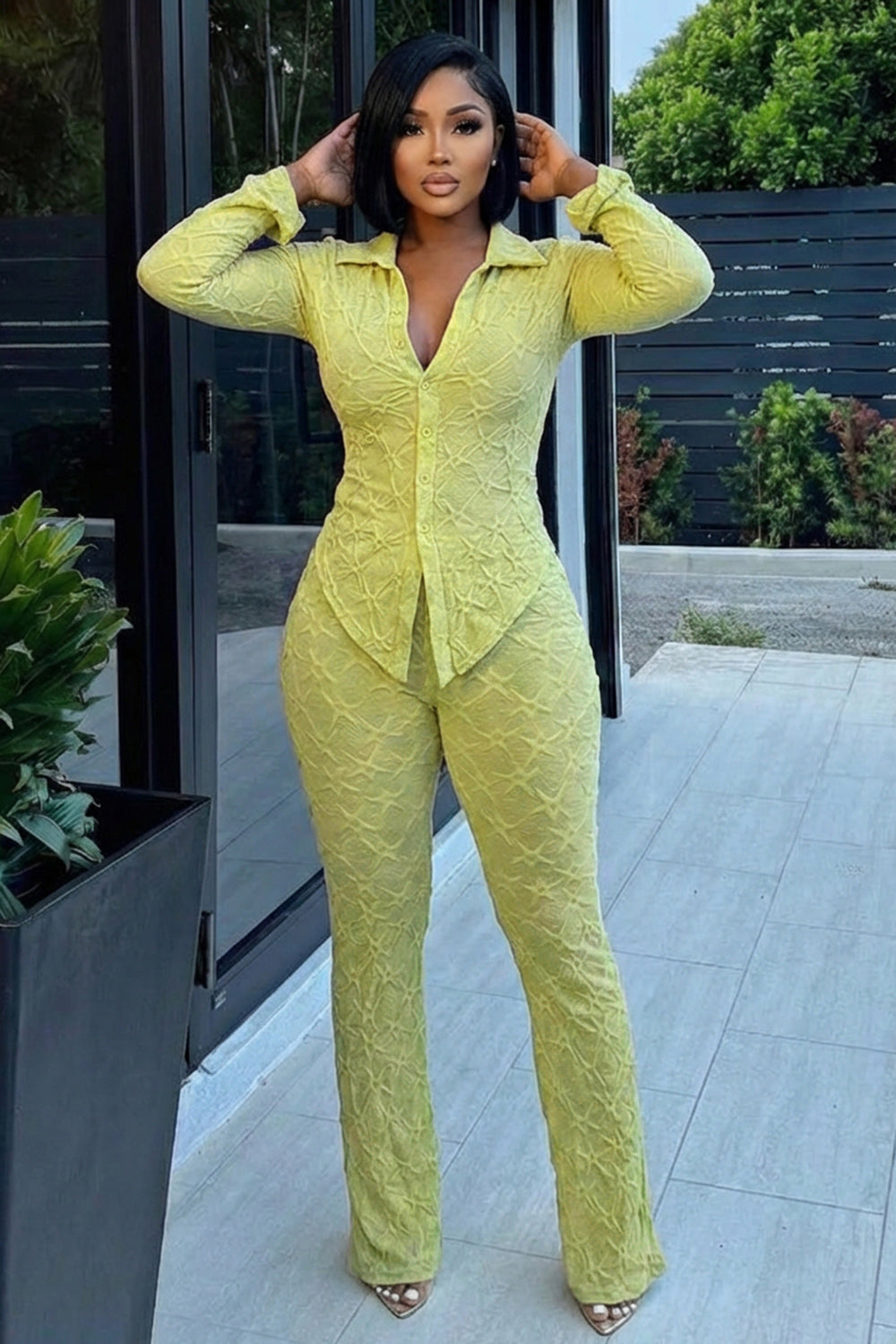 Turndown Collar Long Sleeve Top Skinny Pants 2pcs Set-Green