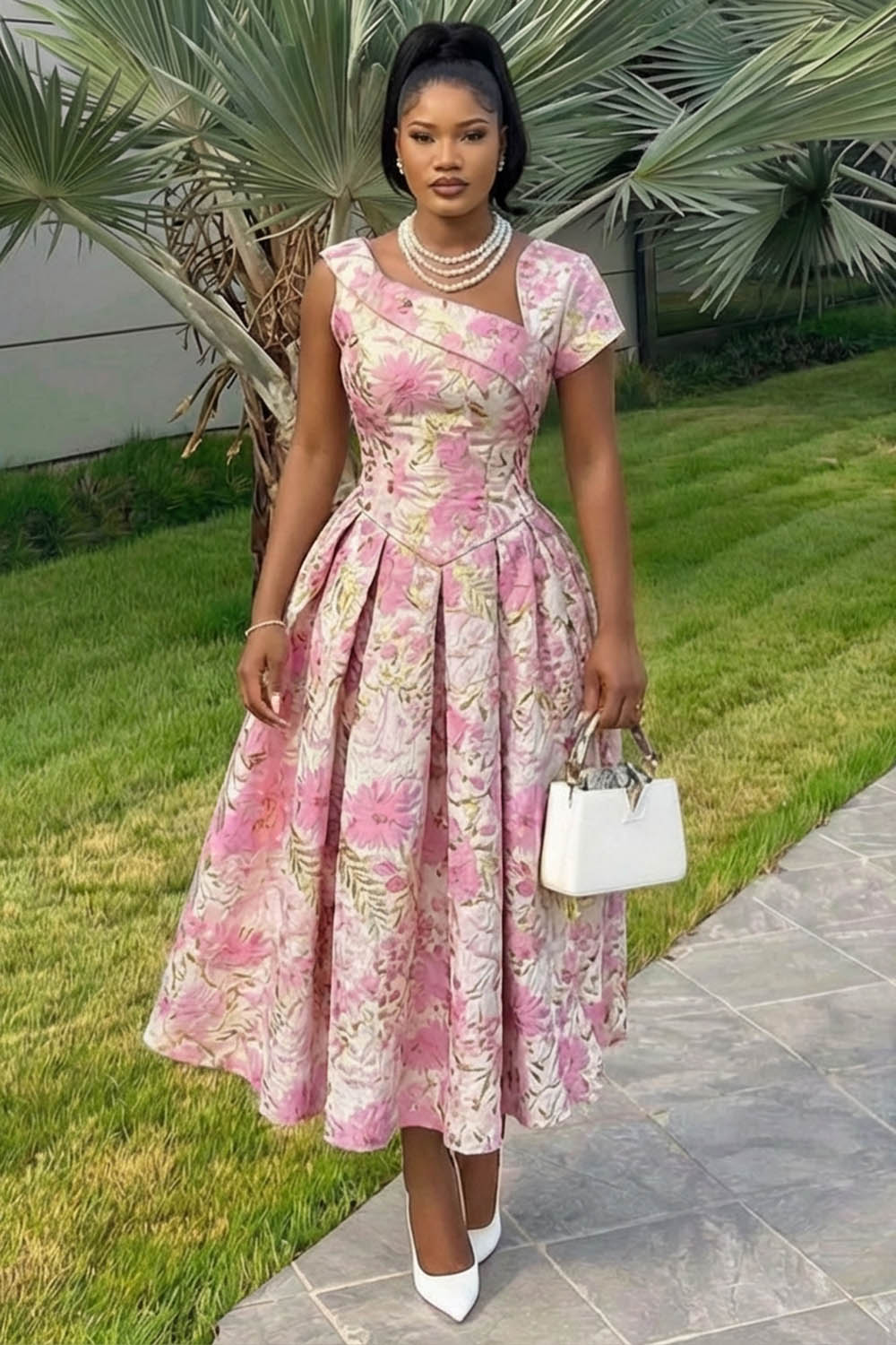 Irregular Neck Sleeveless Jacquard A-Line Party Maxi Dresses-Pink