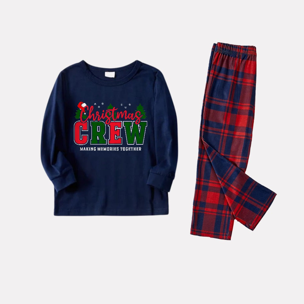 Christmas Family Matching Pajamas-Navy & Red Plaid Pjs Set with "Christmas Crew Making Memories Together" Print