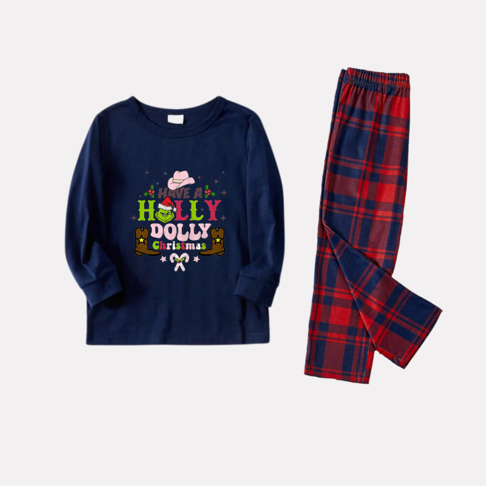 Christmas Family Matching Pajamas-Navy & Red Plaid Pjs Set with Grinch and "Have A Holly Dolly Christmas" Print