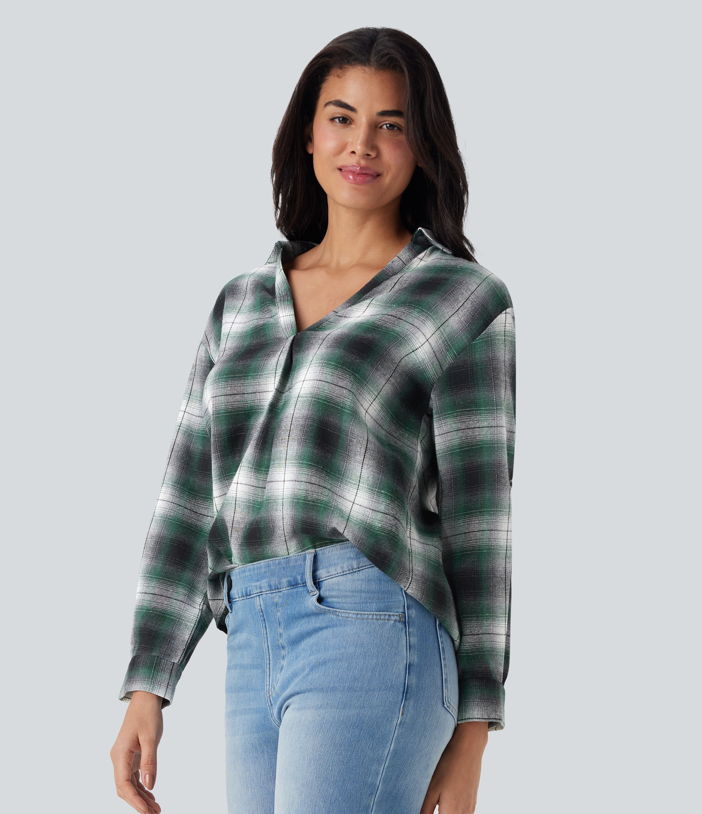 V Neck Curved Hem Plaid Casual Blouse