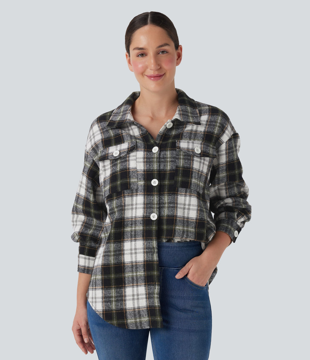 Plaid Curved Hem Casual Shirt Jacket with Flap Pockets