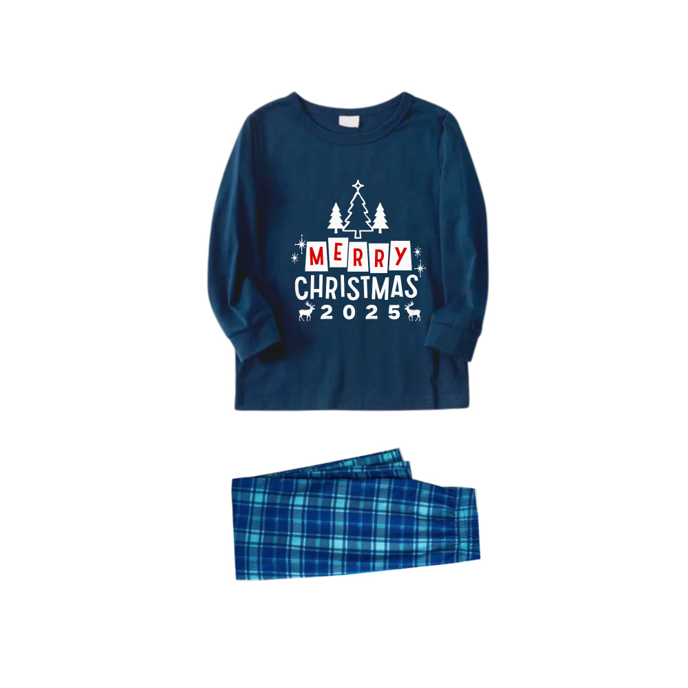Christmas Family Matching Pajamas-Navy & Sky Blue Plaid Pjs Set with "Merry Christmas 2025" Print