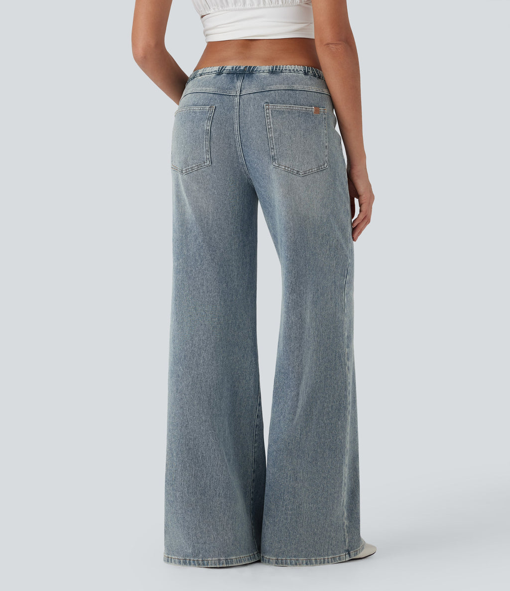 FlexTM Low Rise Drawstring Washed Casual Baggy Jeans with Pockets