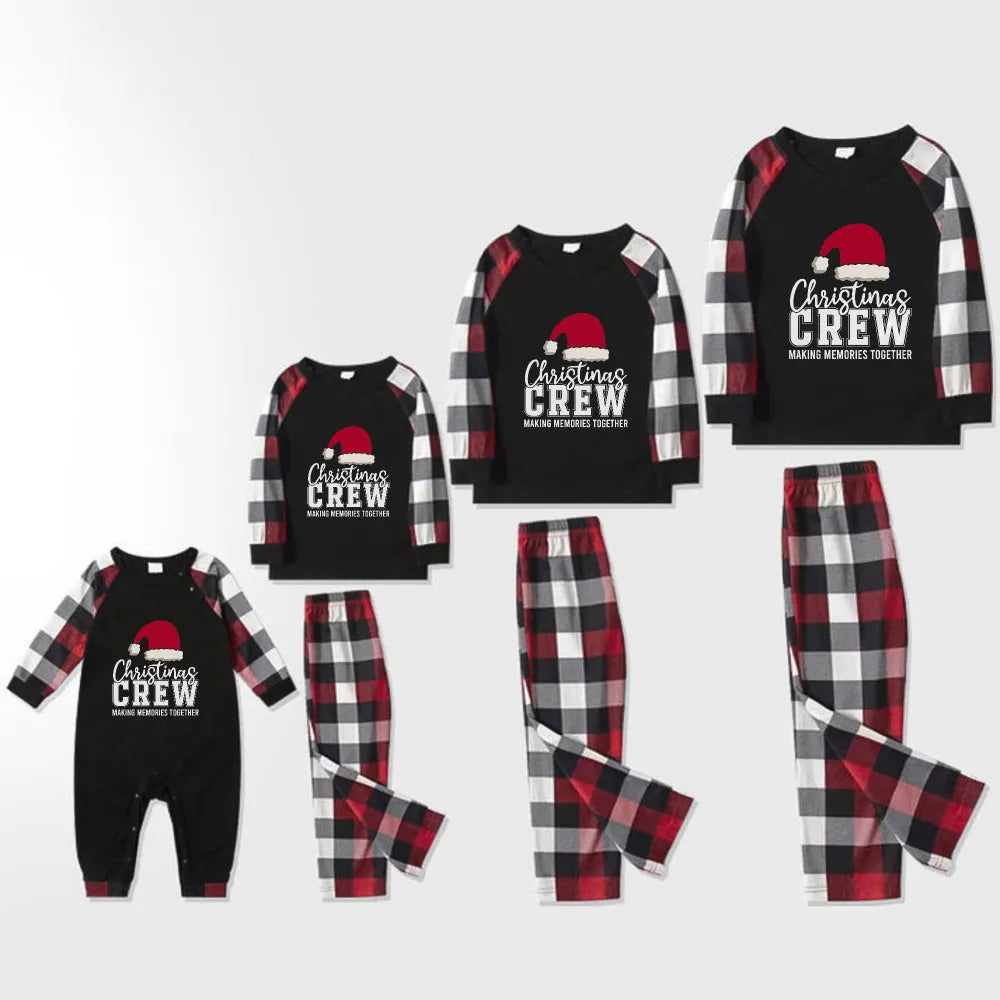 Christmas Family Matching Pajamas-Red and Gray Plaid Pjs set with Santa Hat and “Christmas Crew Making Memories Together” Print