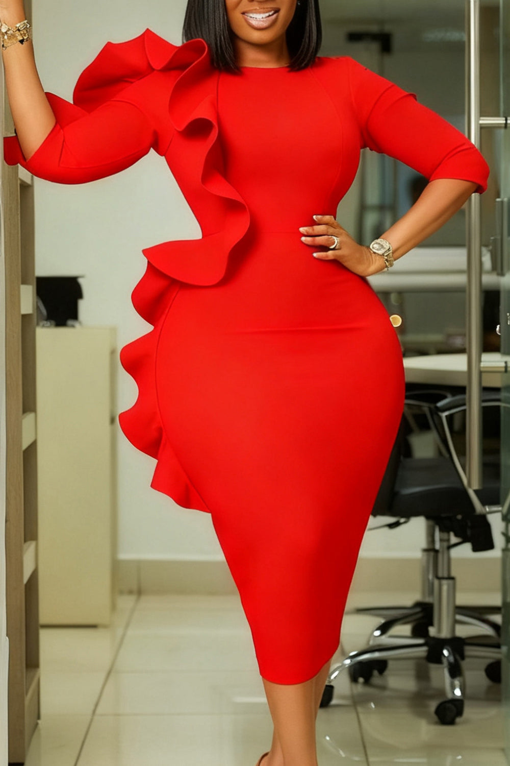 Round Neck Flounced 3/4 Sleeve Bodycon Formal Midi Dresses-Navy