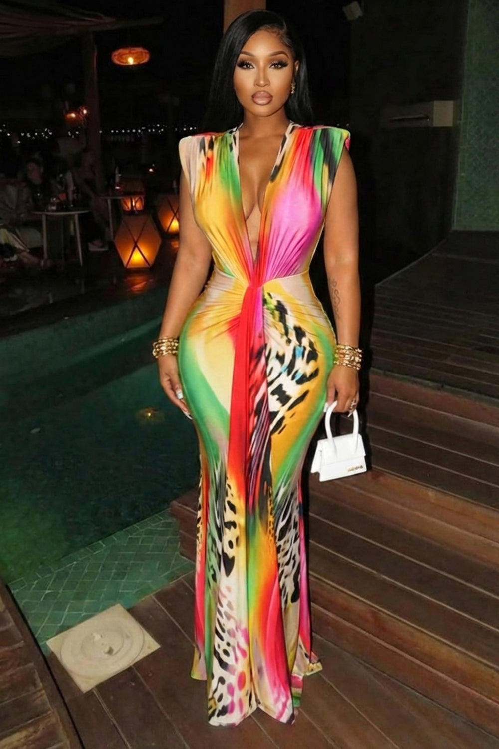 Deep V Neck Backless Cinch Waist Mermaid Maxi Dresses-Multicolor