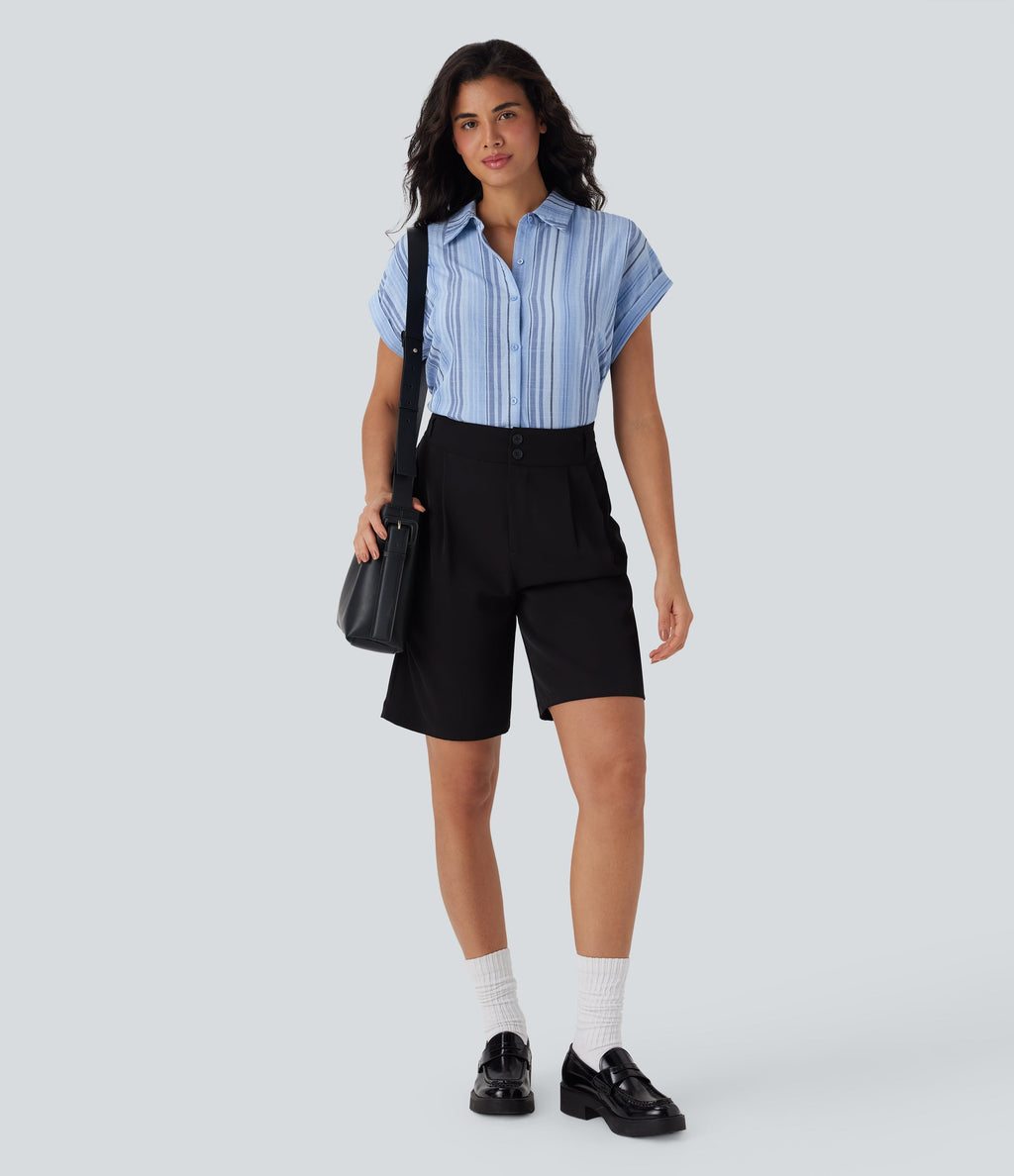 Short Sleeve Stripe Work Linen-Feel Shirt