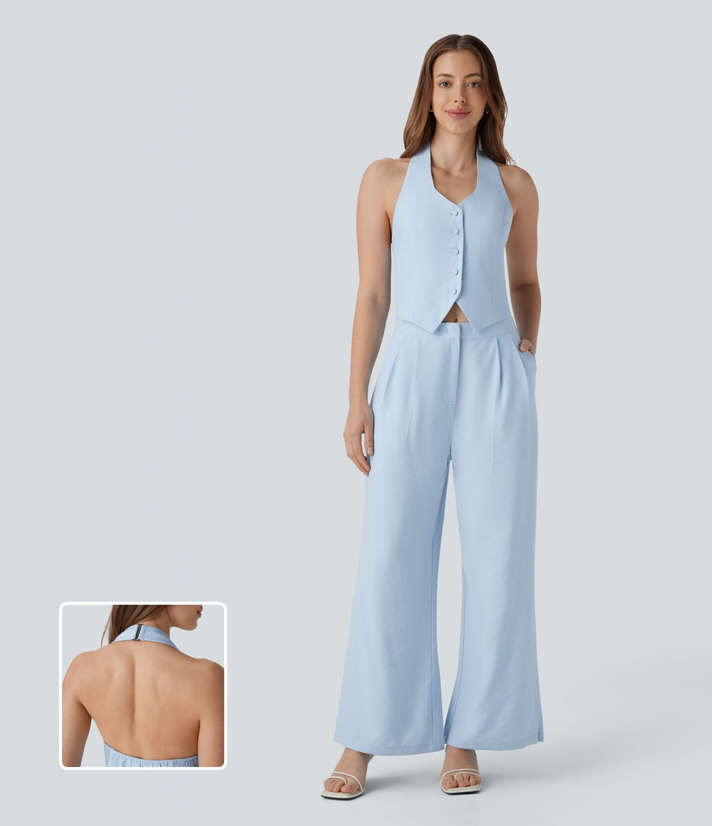 Halter Shirred Wide Leg Work Jumpsuit with Pockets