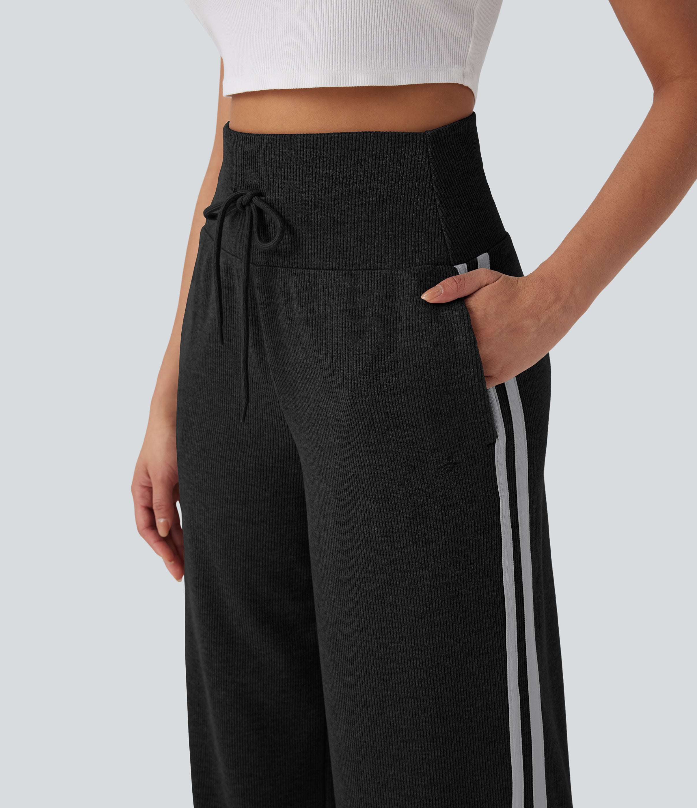 2026🔥 Ribbed SoCinched High Waisted Tummy Control Drawstring Wide Leg Color Block Casual Trousers with Pockets