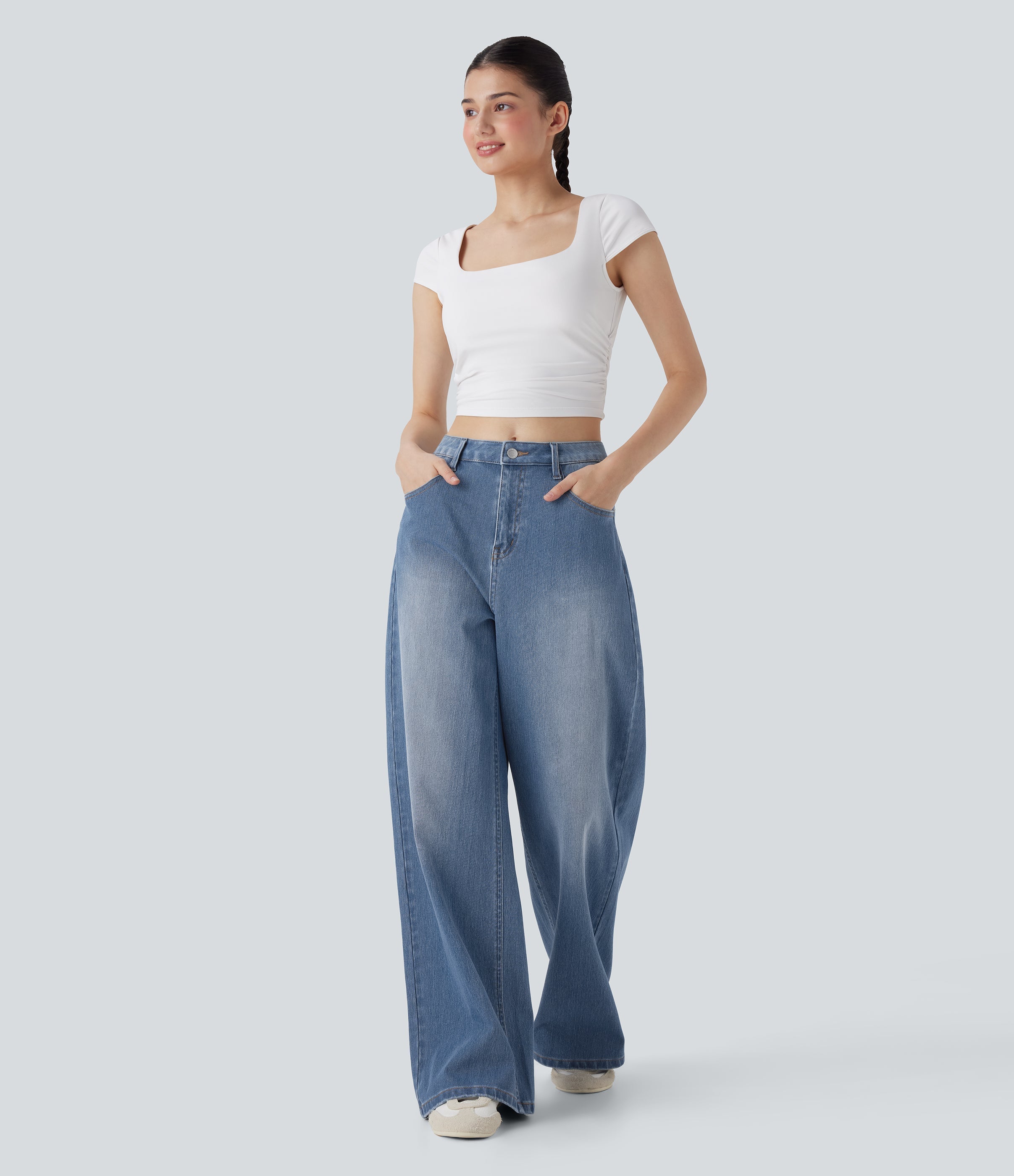 FlexTM Mid Rise Washed Casual Baggy Jeans with Pockets