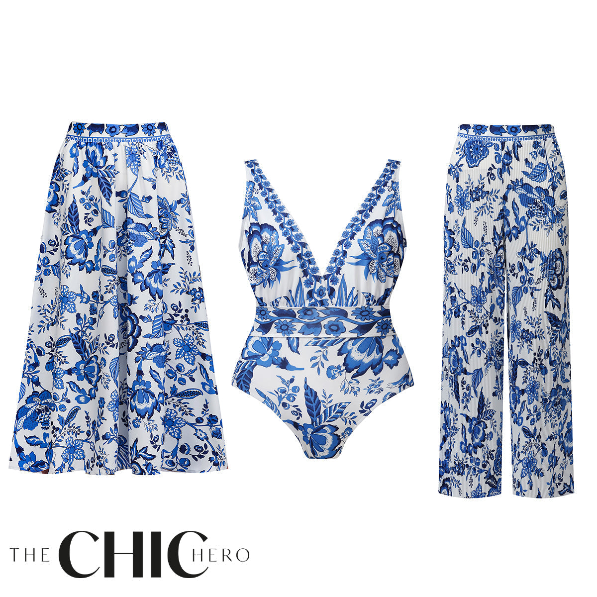Chic Indigo Botanical Print One-Piece Swimsuit&Skirt&Pants