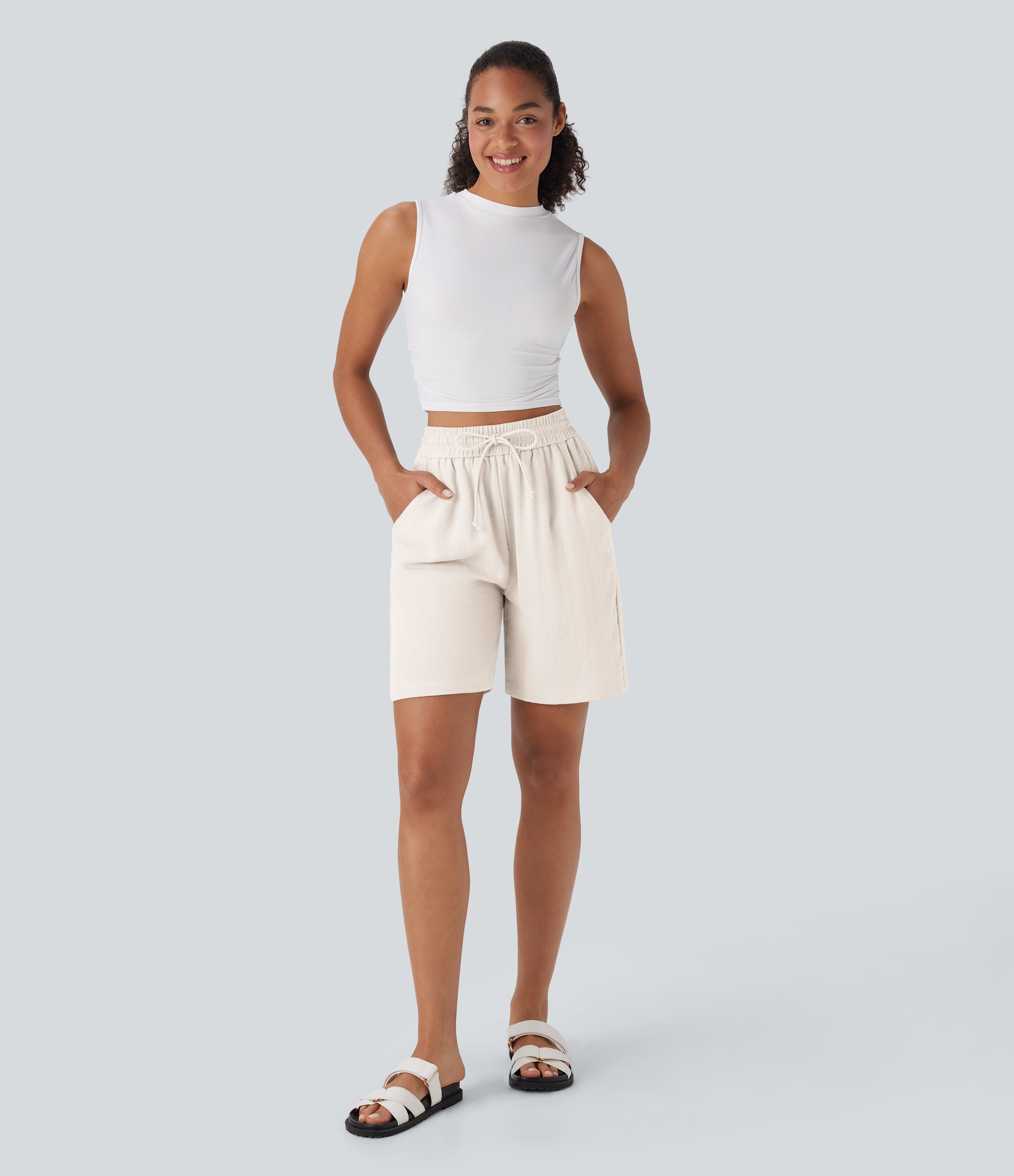 High Waisted Drawstring Casual Linen-Feel Shorts with Pockets