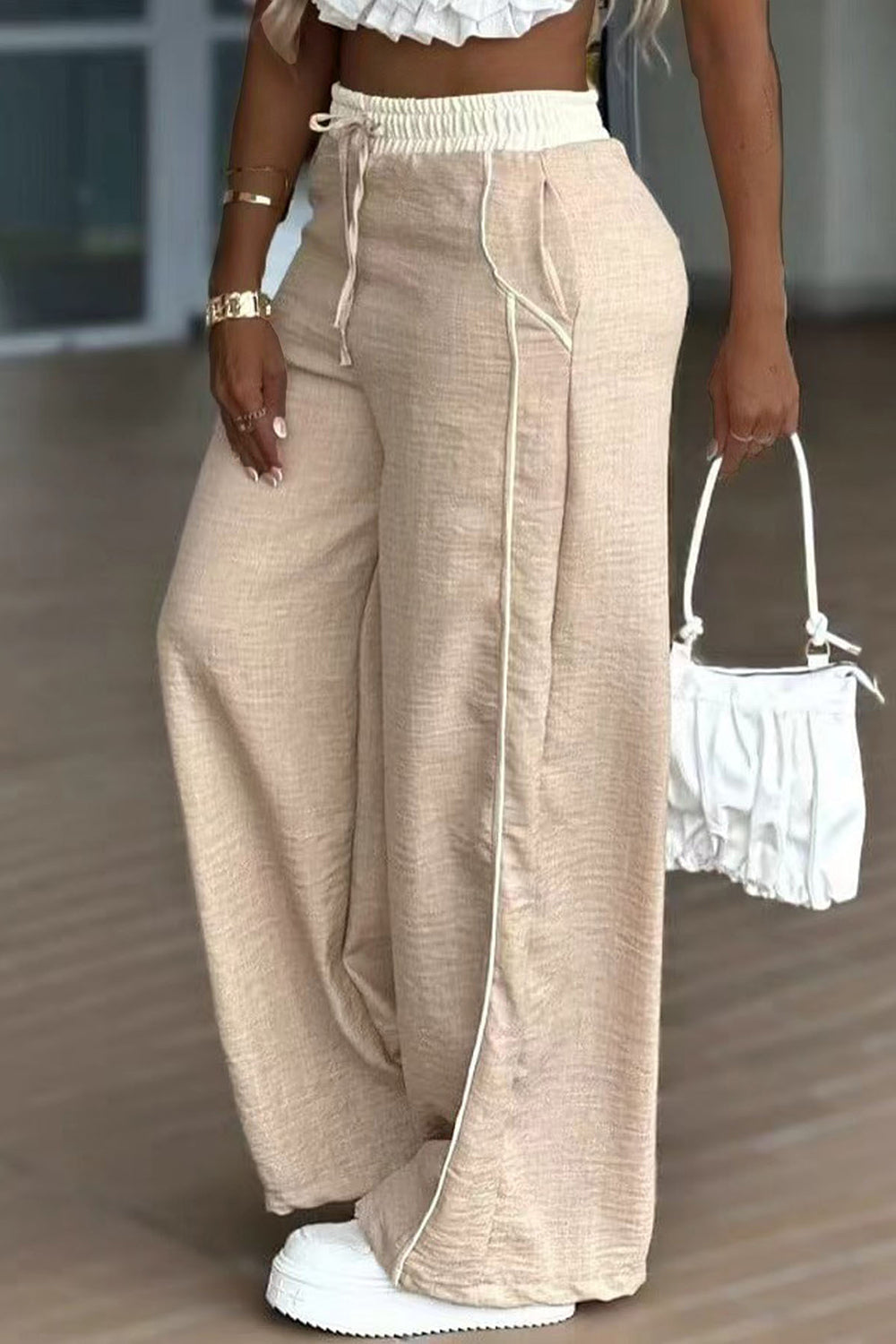 Smocking High Waist Drawstring Contrast Trim Casual Wide Leg Pants-Apricot