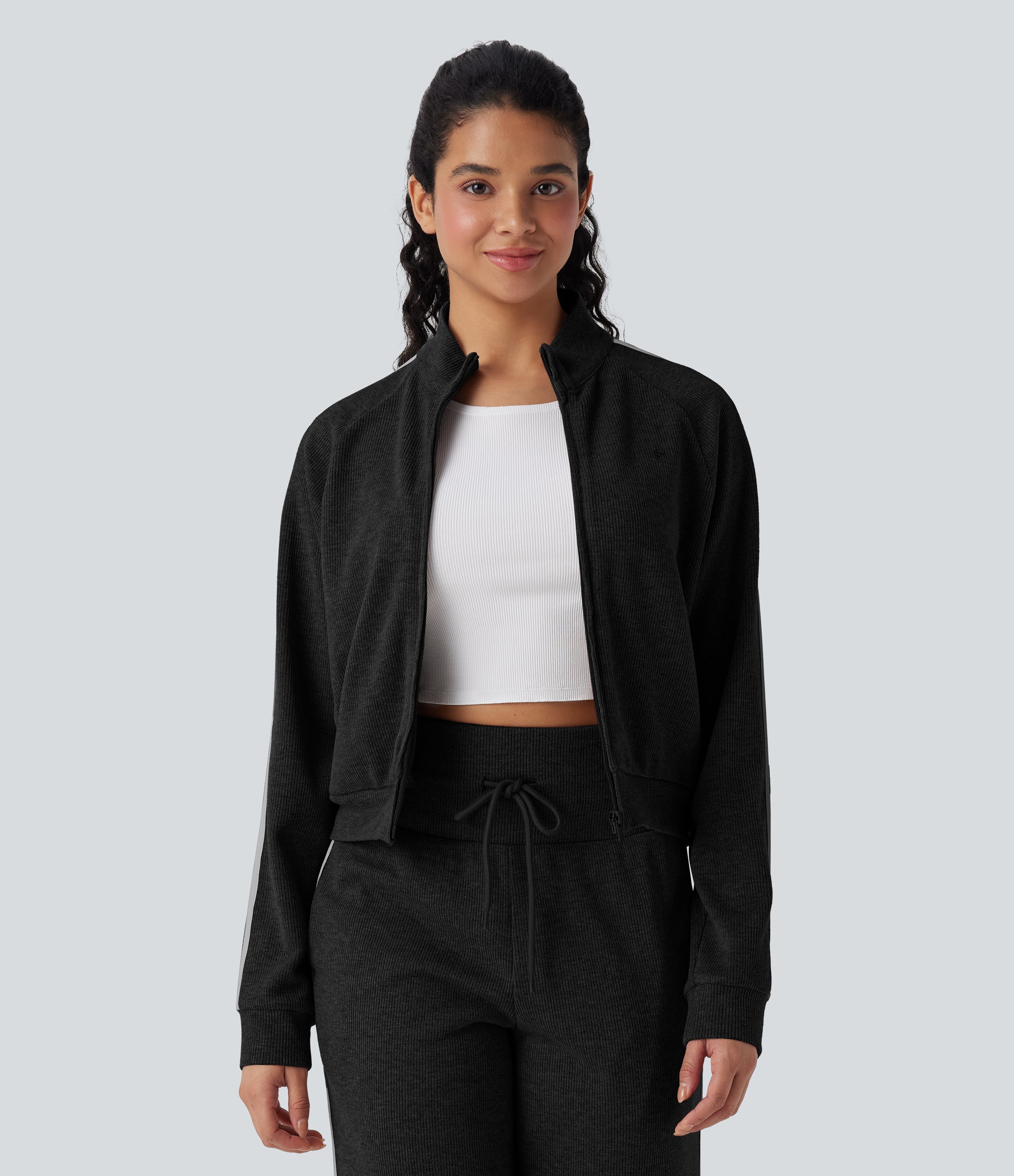 Ribbed Stand Collar Long Sleeve Zipper Color Block Casual Jacket with Pockets