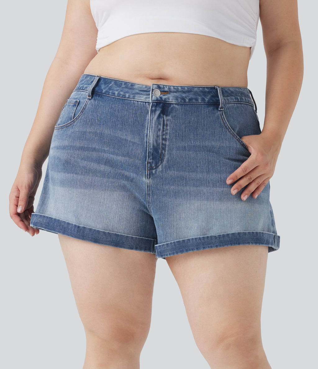 FlexTM Mid Rise Zipper Pockets Denim Casual Plus Size Shorts 3''