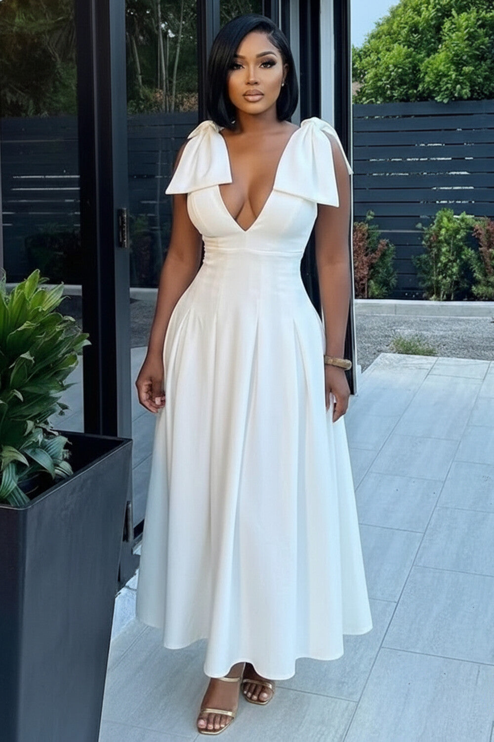 Deep V Neck Bow Cinch Waist Solid Color Cami Maxi Dresses-White