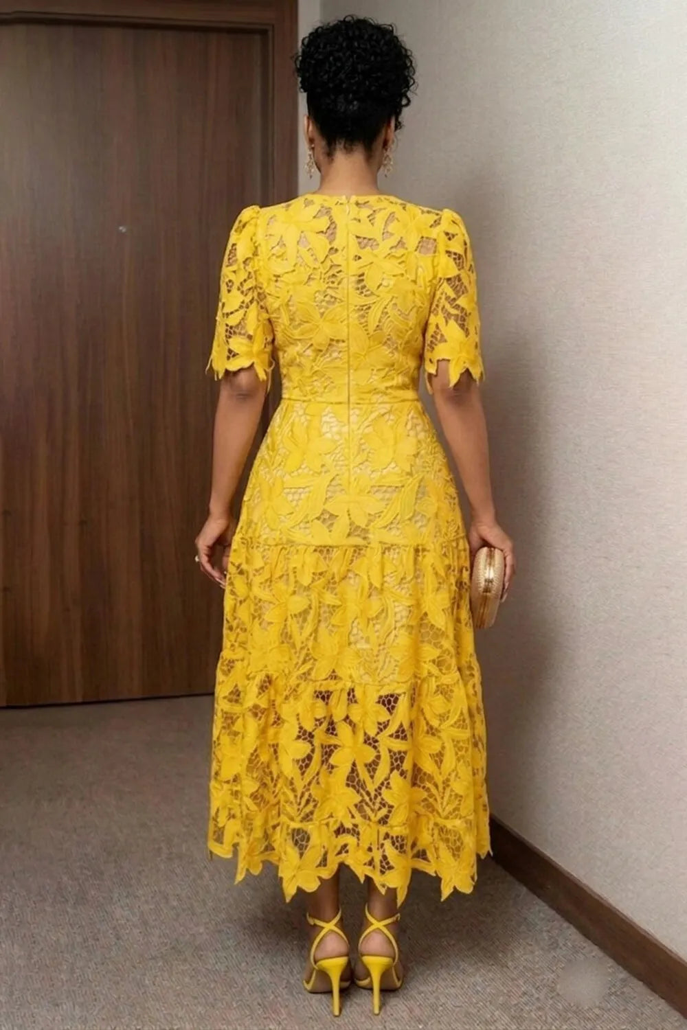 Round Neck Short Sleeve Guipure Lace Casual Maxi Dresses-Yellow