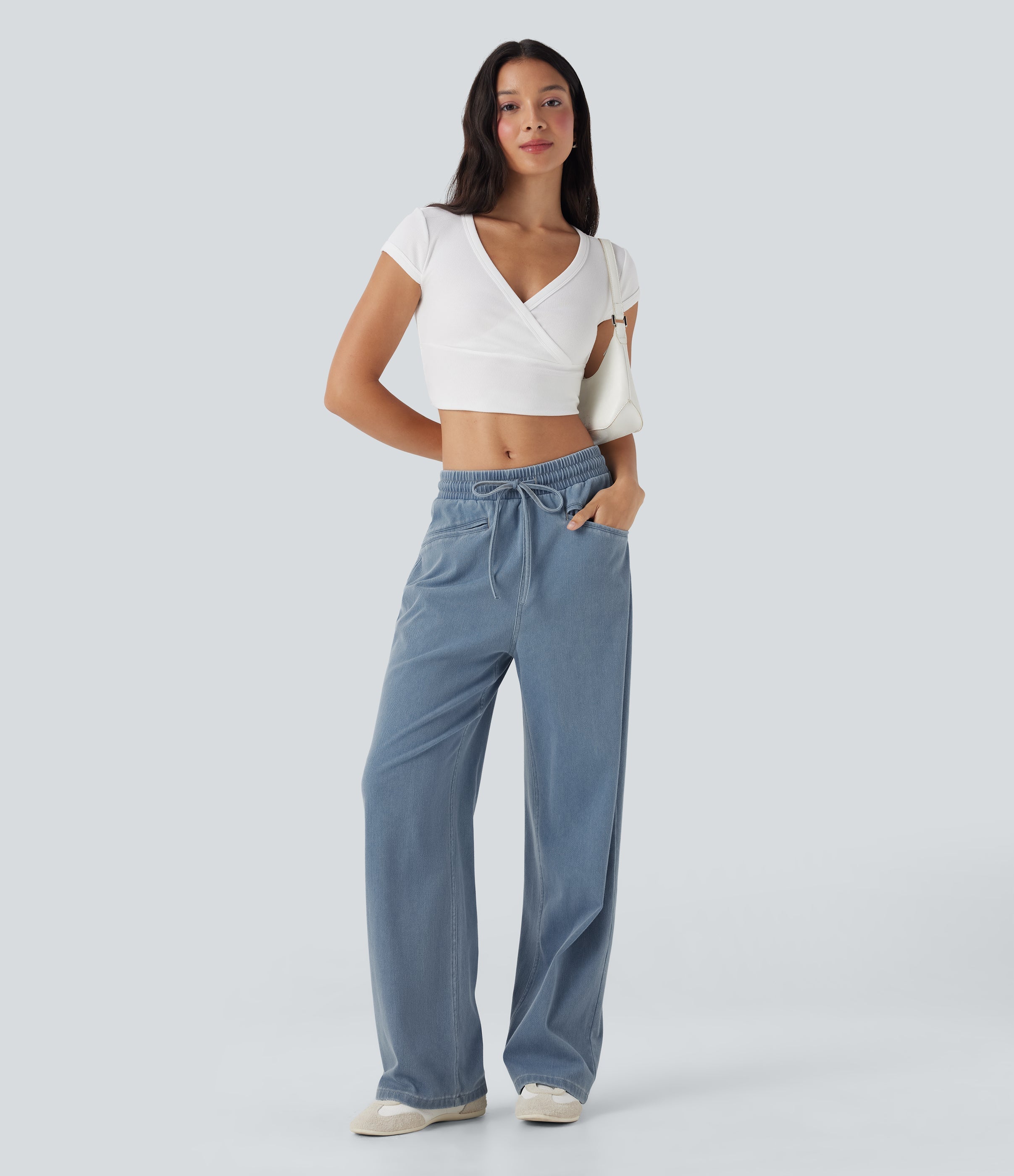 FlexTM High Waisted Drawstring Wide Leg Cool Touch Casual Jeans with Pockets