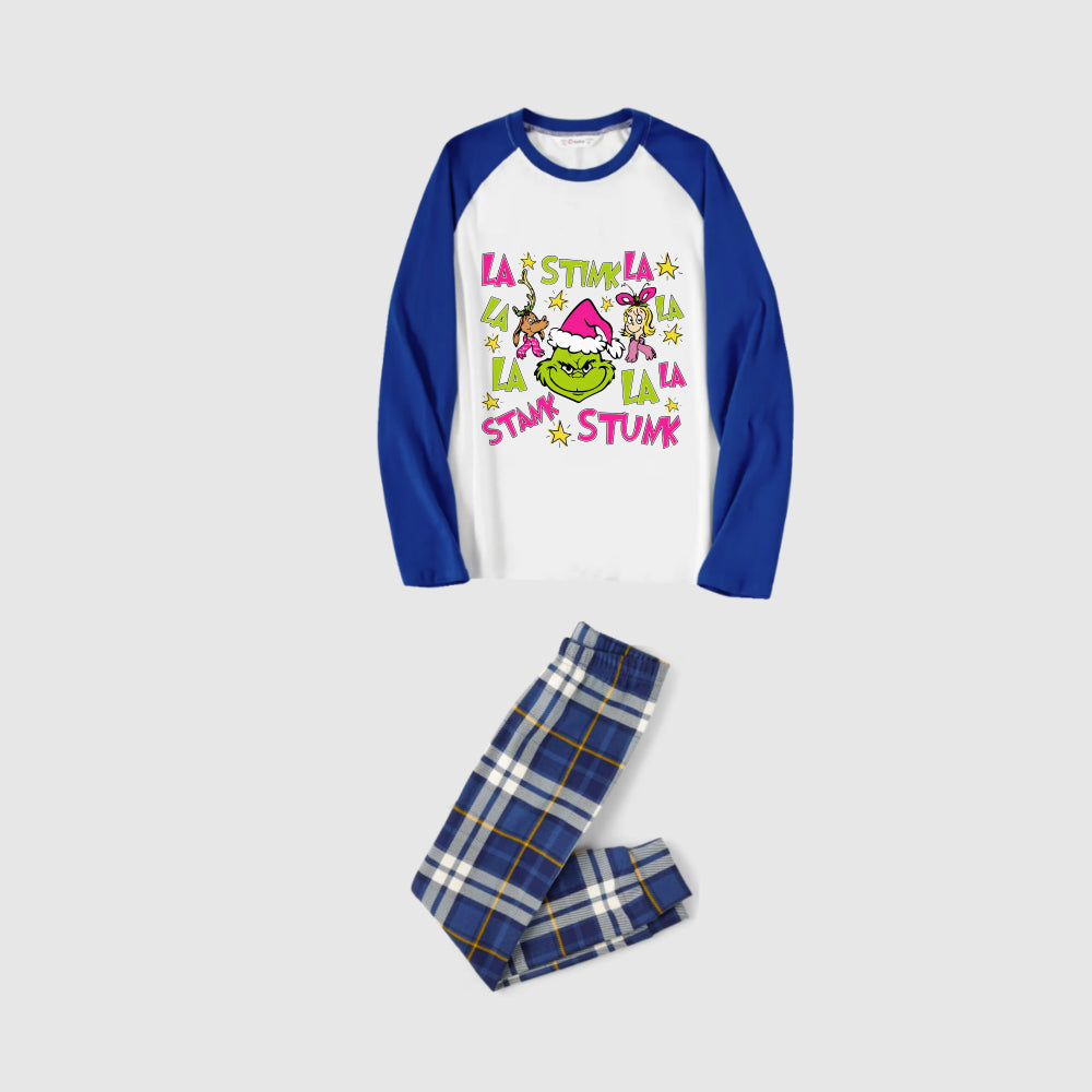 Christmas Family Matching Pajamas-Blue Raglan Top Blue Plaid Pants Pjs Set with Grinch Cartoon Print