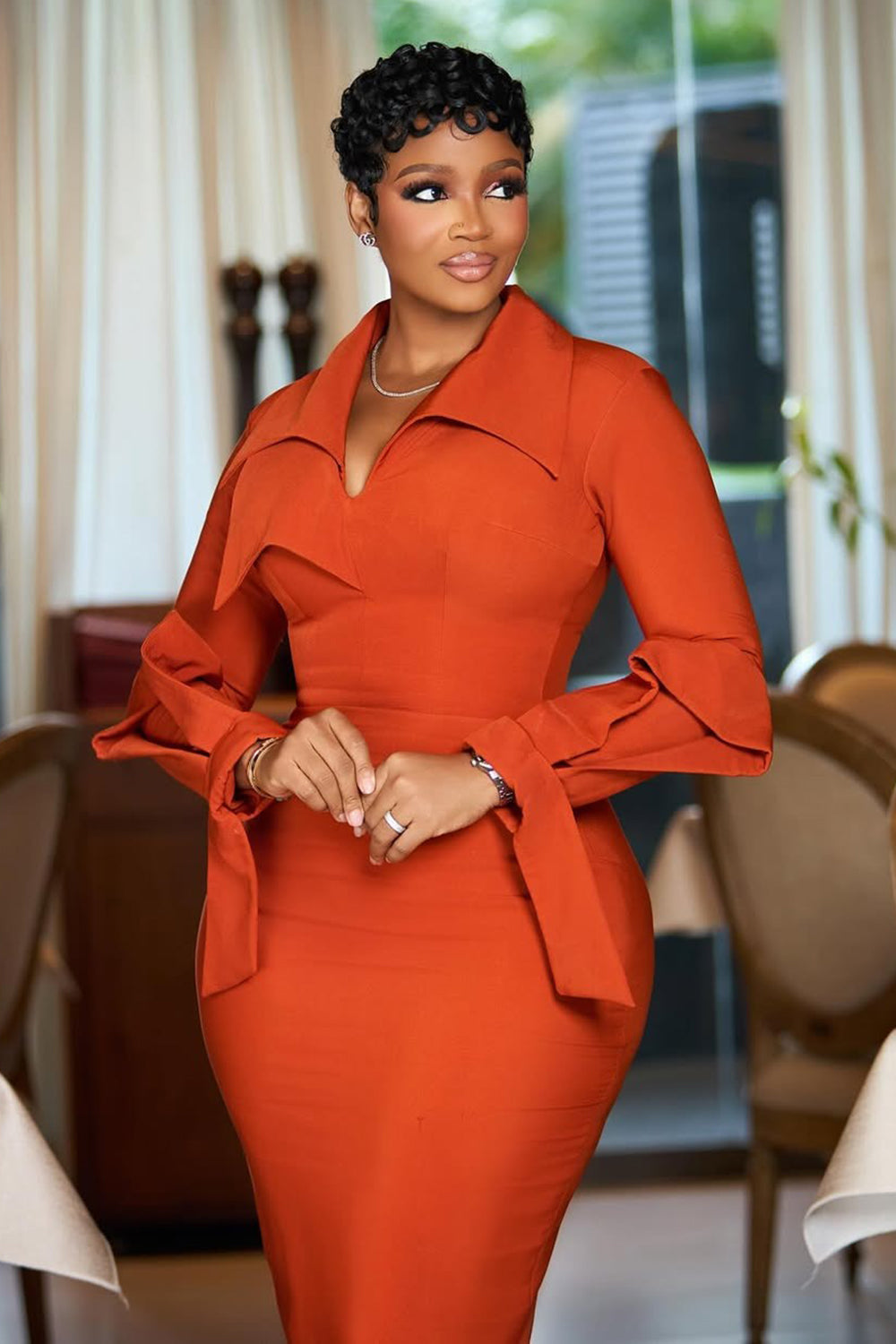 Turndown Collar Cinch Waist Bodycon Casual Maxi Dresses-Orange
