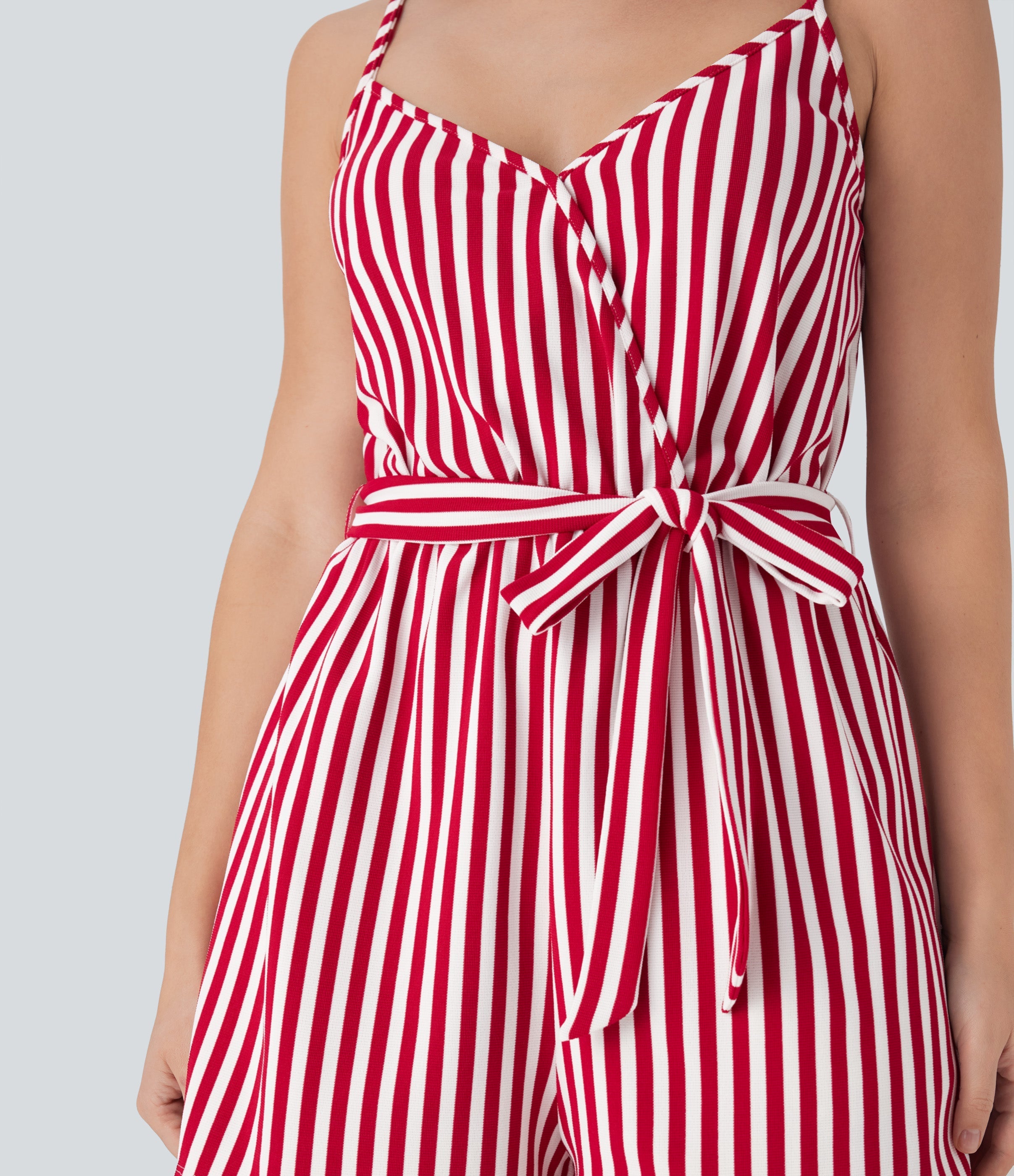V-neck Snap Belted Stripe Waffle Jumpsuit with Pockets
