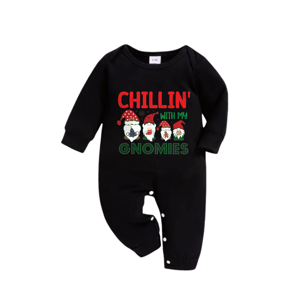Christmas Family Matching Pajamas-Black Top and Green Plaid Pants Pjs Set with "Chillin With My Gnomies" Print