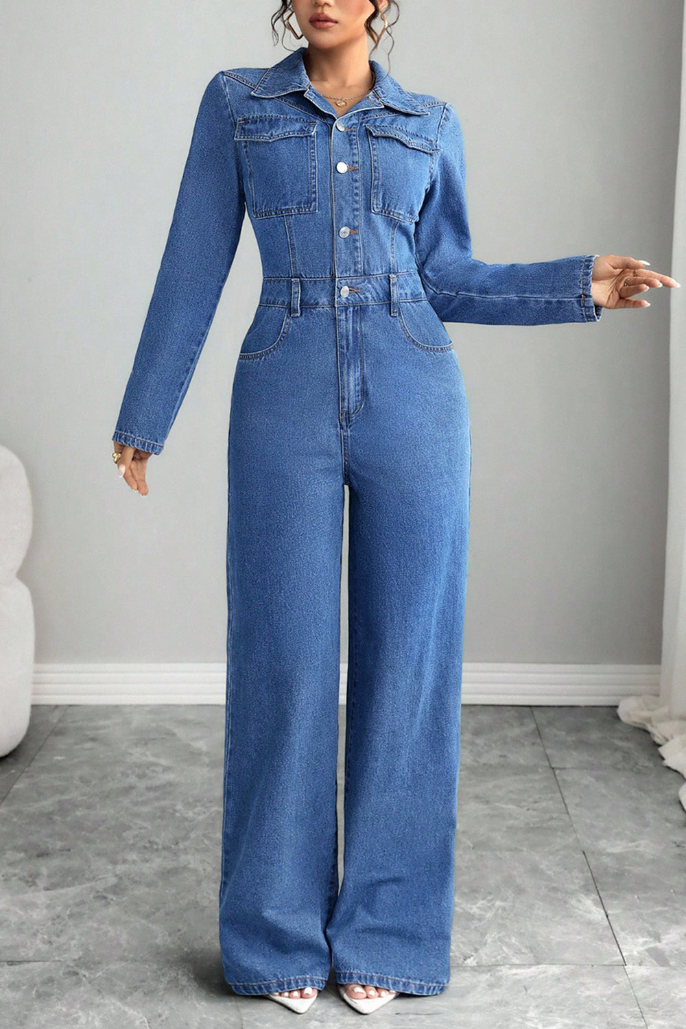 Denim Turndown Collar Long Sleeve Solid Color Wide Leg Casual Jumpsuit-Blue