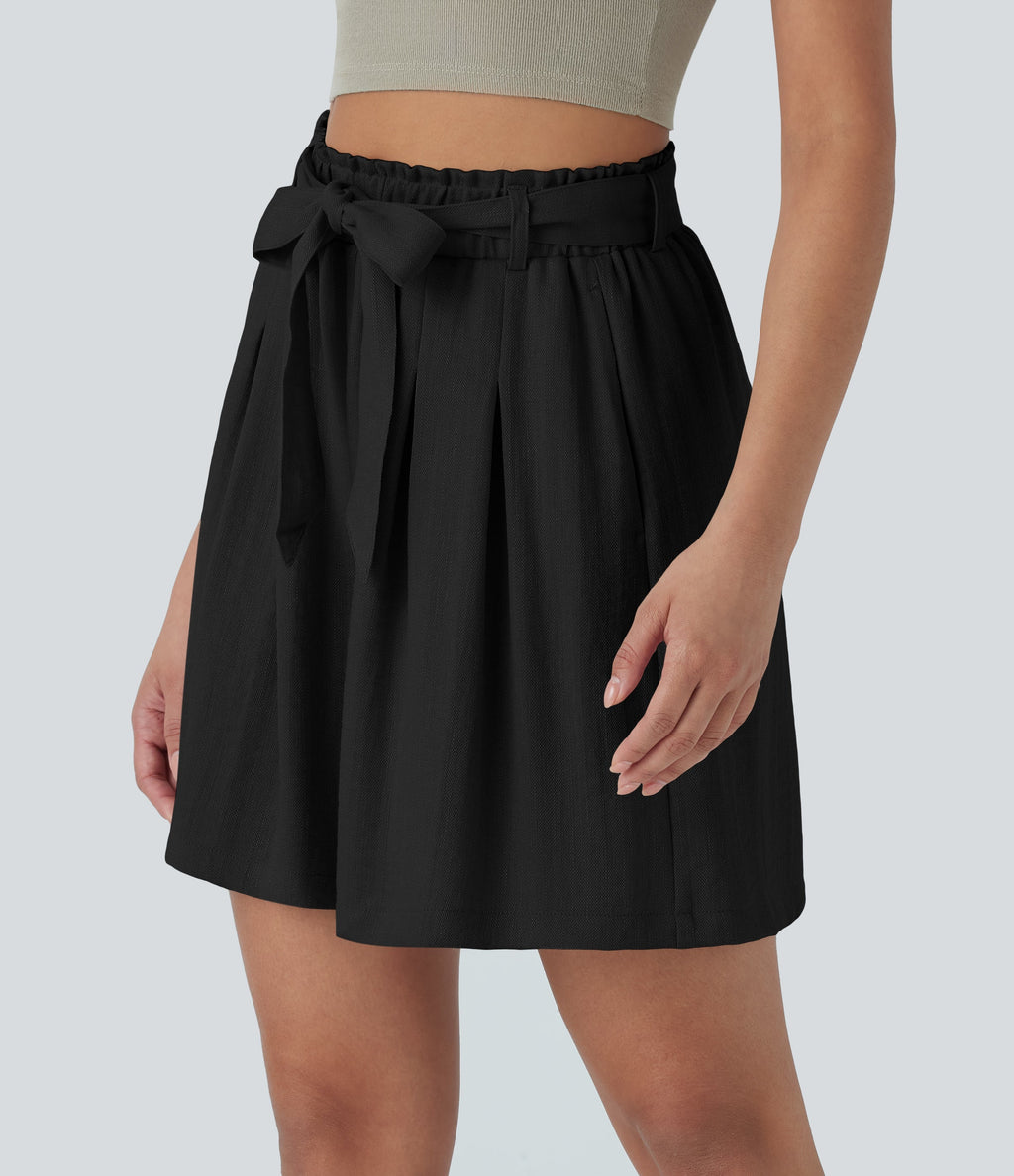 High Waisted Belted Casual Linen-Feel Bermuda Shorts with Pockets