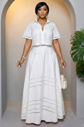 Hollow Out Turndown Collar Top Maxi Skirt Casual 2pcs Set-White