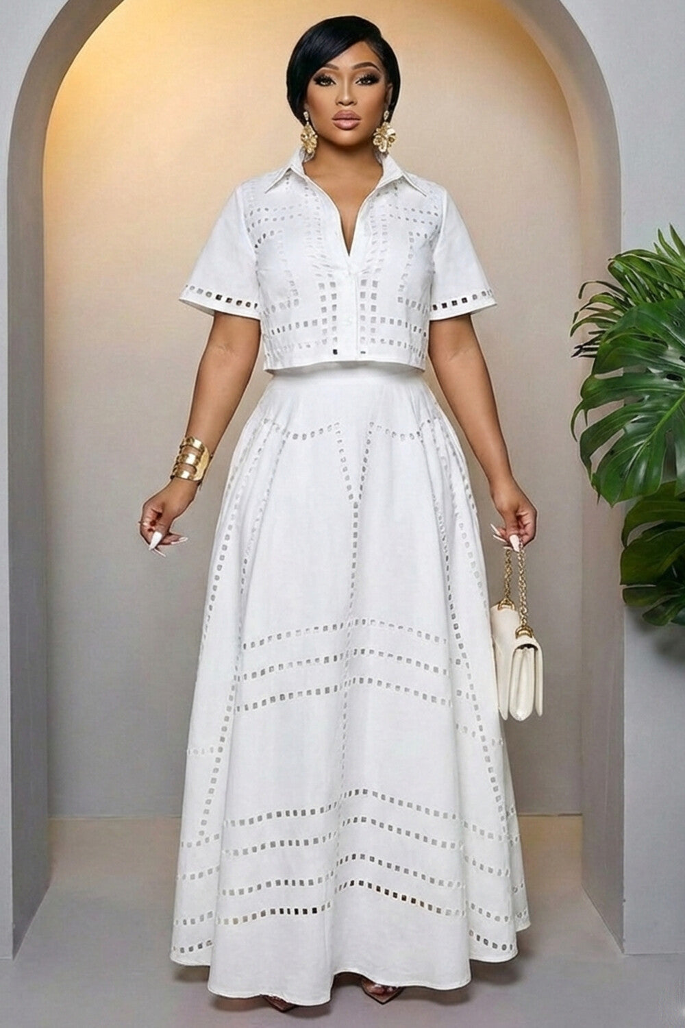Hollow Out Turndown Collar Top Maxi Skirt Casual 2pcs Set-White