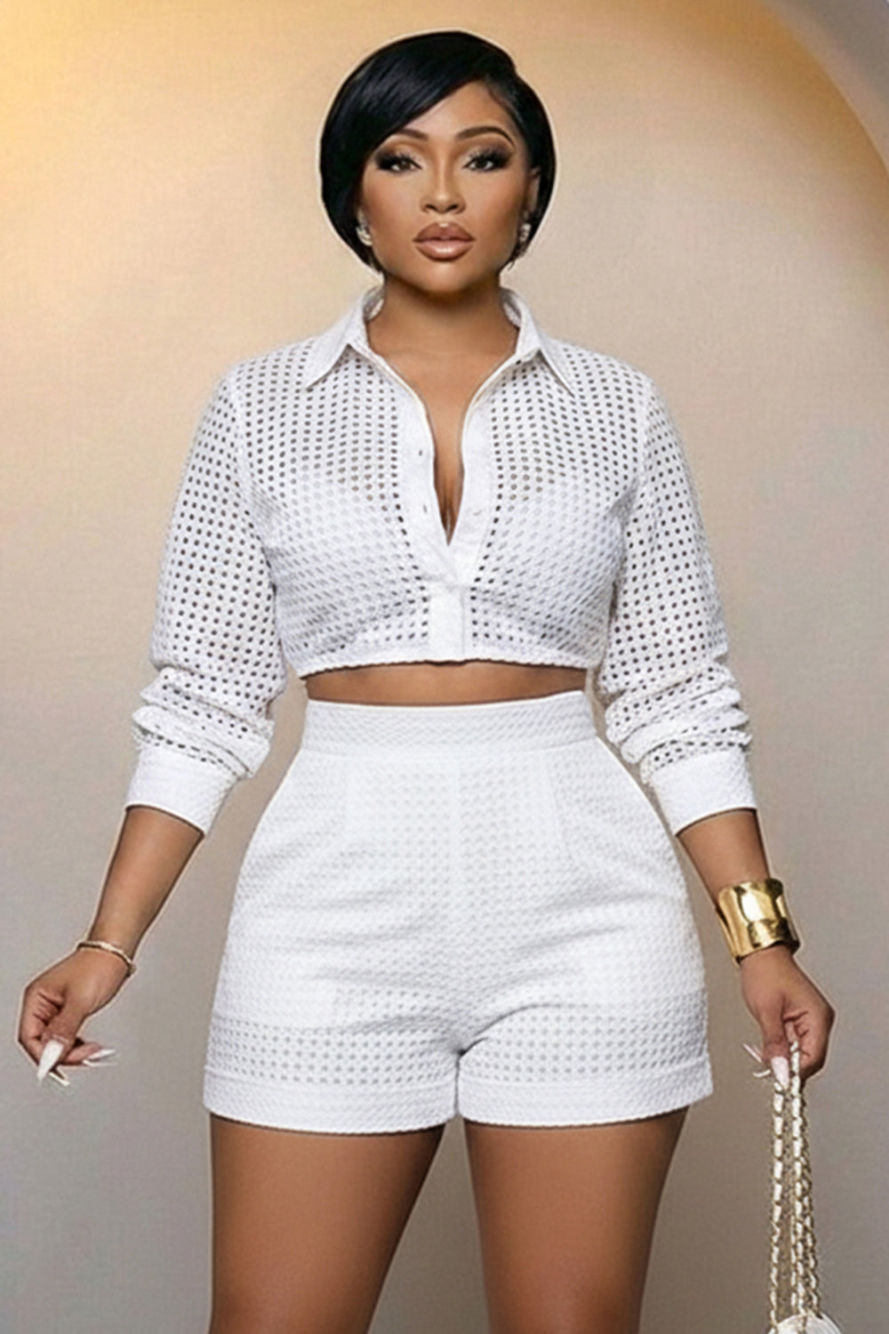 Turndown Collar Crop Top High Waist Shorts Casual 2pcs Set-White