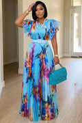 Round Neck Puff Sleeve Floral Print Pleated Maxi Dresses-Blue