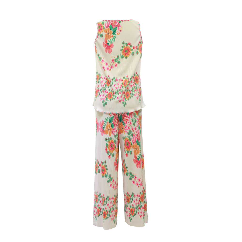 Colorful Floral Patterns V-Neck Vest Top & Pleated Pants