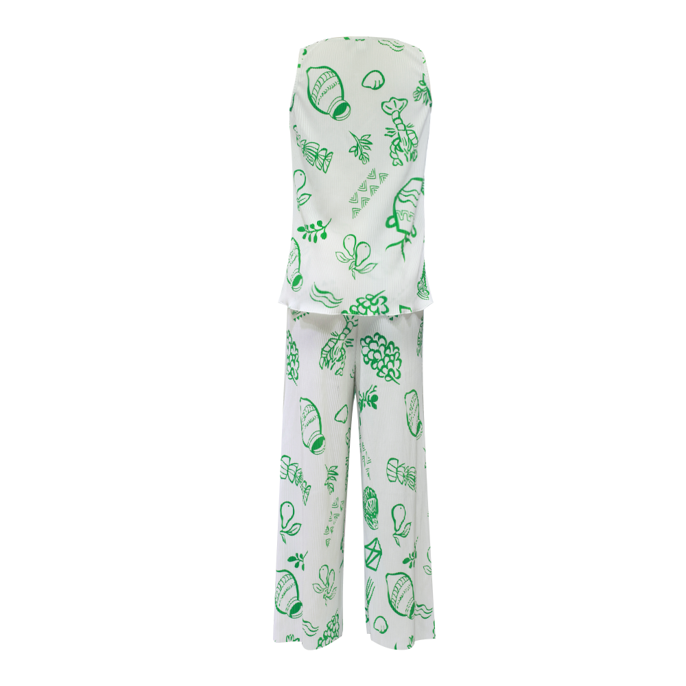 Green Whimsical Illustrated Print Pattern V-Neck Vest Top & Pleated Pants