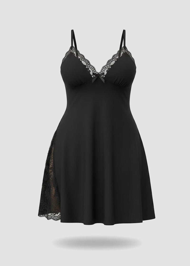Plus Size Lace-Trim Cotton Nightdress with Side Slit & Adjustable Straps
