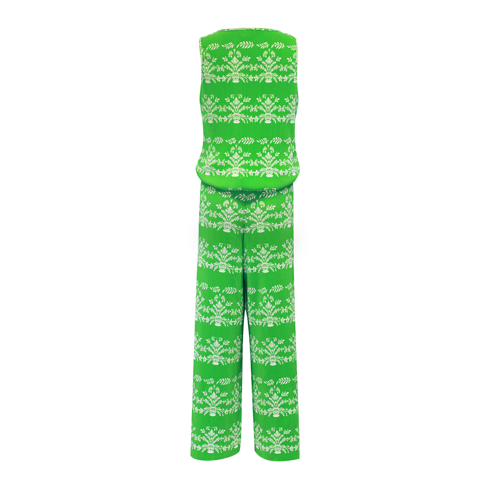 Green Elegant Floral Pot Patterns V-Neck Vest Top & Pleated Pants