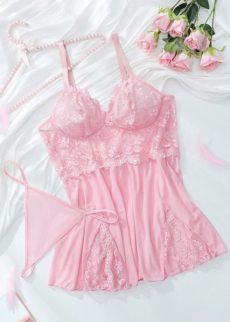 Sexy Plus Size Lace & Mesh Slit Slip Dress with G-String