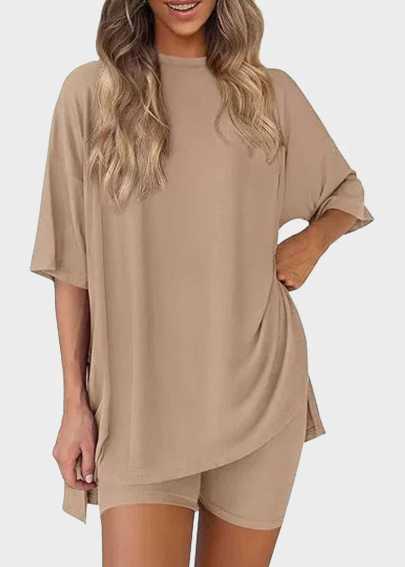 Casual Oversized 2-Piece Lounge Set with Crewneck & Split Hem