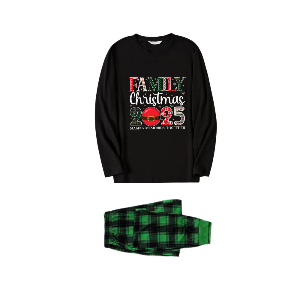 Christmas Family Matching Pajamas-Black Top and Green Plaid Pants Pjs Set with "Family Christmas 2025" Print